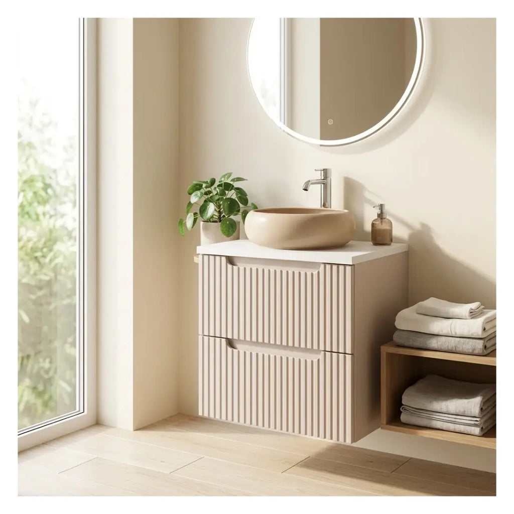 Insieme VANO cachemire e bianco 50cm: mobile sotto lavabo con cassetti + piano per lavabo + lavabo rotondo cappuccino da appoggio