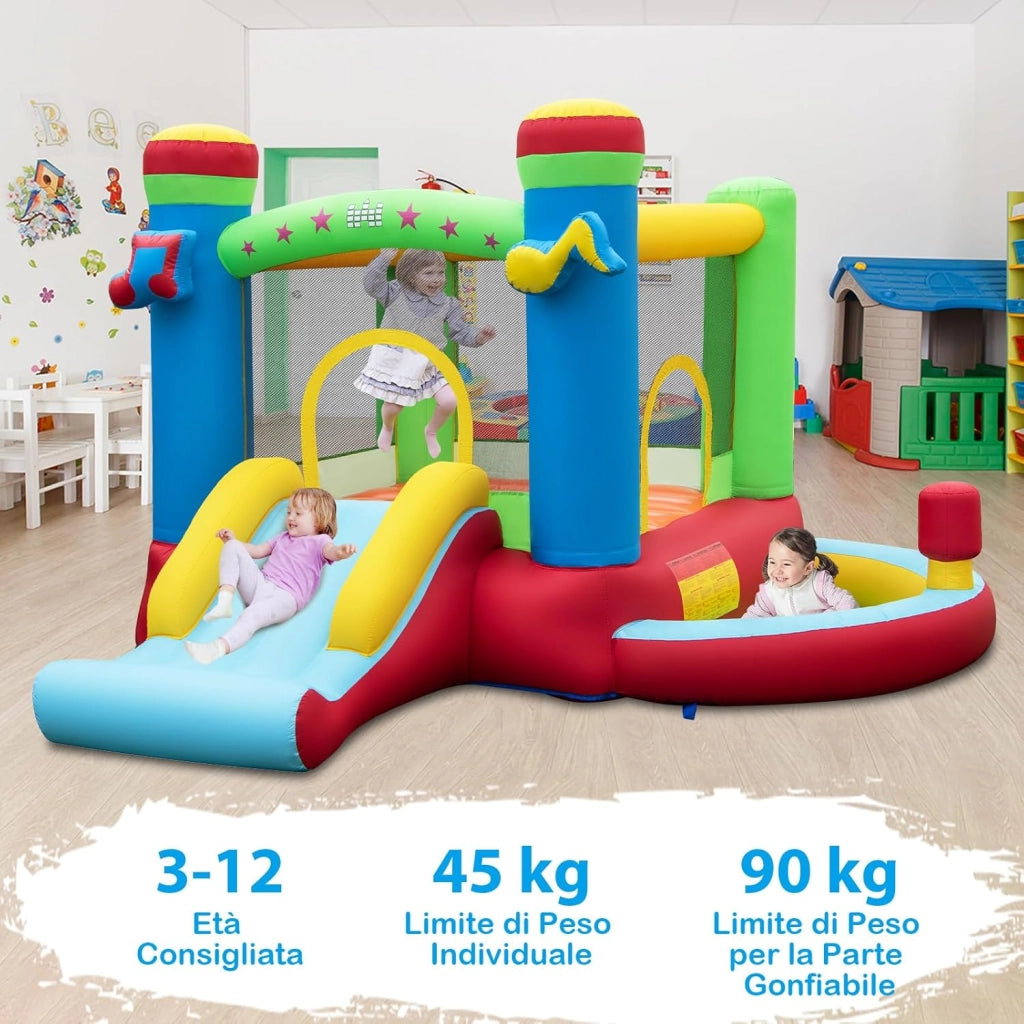 Castello Gonfiabile 5 in 1 per Bambini di Tema Musicale, Castello Gonfiabile con Scivolo, Trampolino, Piscina e Canestro, Gioco Gonfiabile da Interno ed Esterno, per Bambini da 3 a 12 Anni