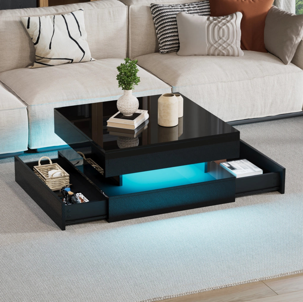 Tavolino sollevabile quadrato nero con luce a LED e contenitore