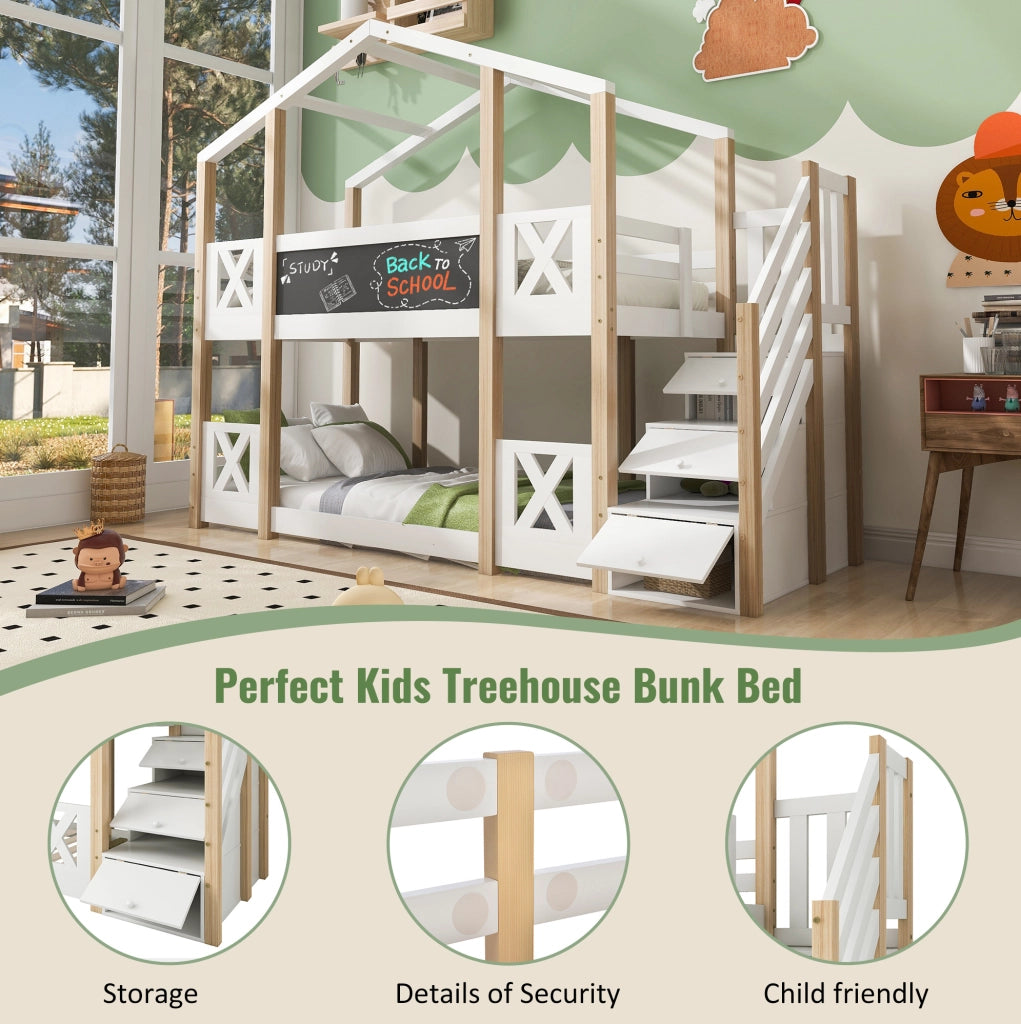 Letto a soppalco per bambini 90x200 cm in legno bianco e naturale con scala contenitore