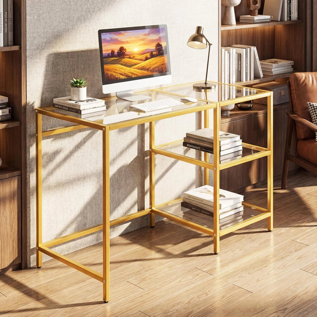 Scrivania in Vetro Temperato 106 x 51 x 77 cm, Tavolo PC Multifunzionale Salvaspazio con 2 Ripiani, Consolle Trucco Moderna per Camera da Letto, Studio, Ufficio e Soggiorno (Oro)