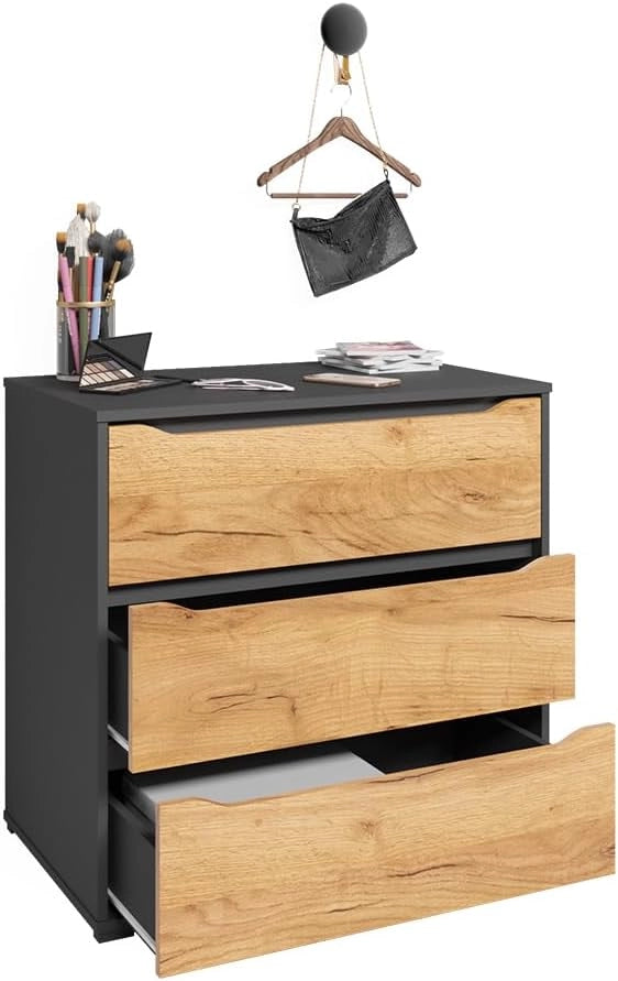 Credenza Ruben, Quercia dorata, 48 x 77.6 cm con cassetti, per riporre abiti e oggetti di uso quotidiano