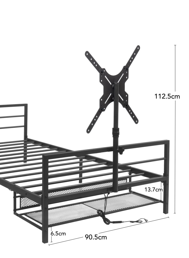 Letto per adulti in metallo nero con supporto monitor regolabile, luci LED e cestino, senza materasso
