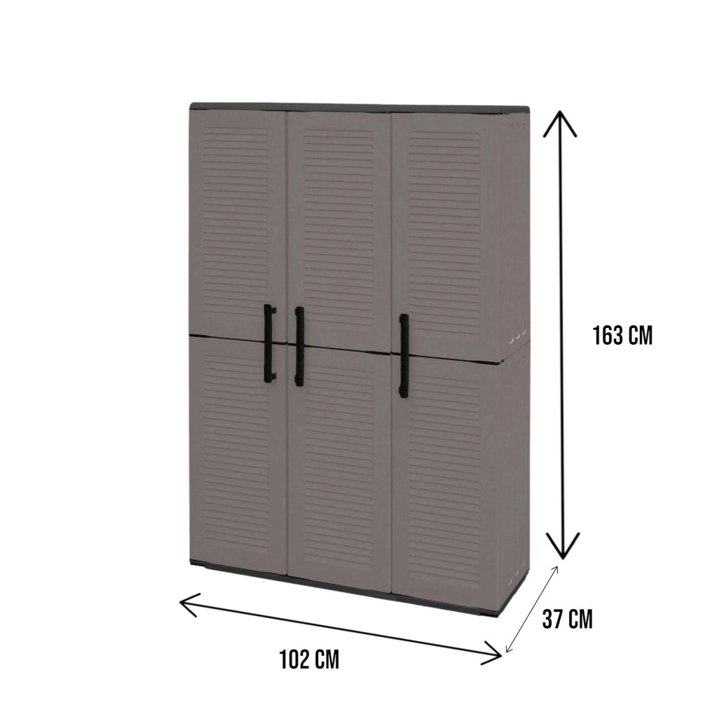 Armadio portascope da esterno o Amordel, Mobile a 3 ante e 3 ripiani regolabili in polipropilene, 100% Made in Italy, cm 102x37h163, colore Grigio