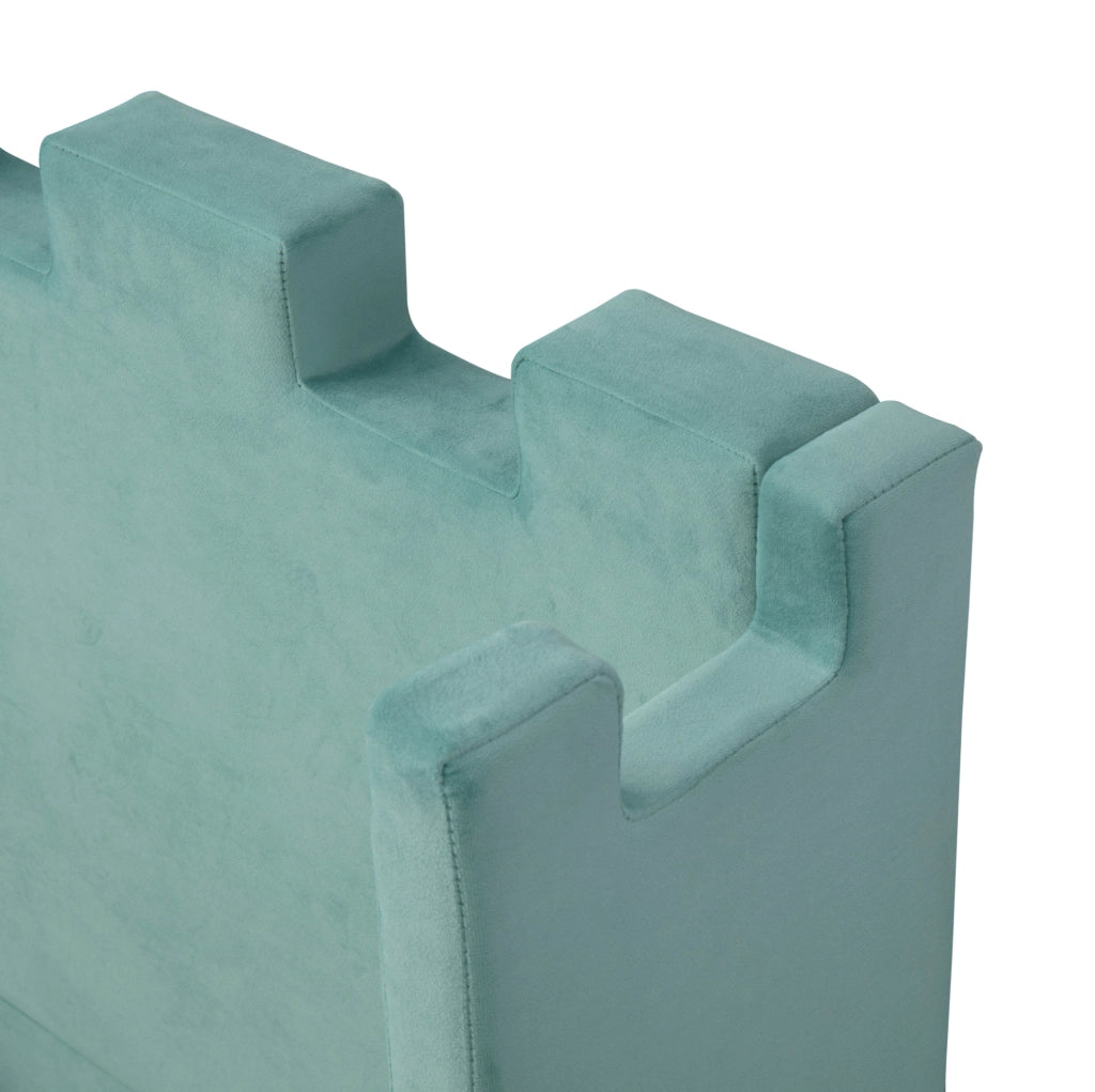 Letto imbottito 90x200 cm con mensola pieghevole e cassetto contenitore in velluto blu verde