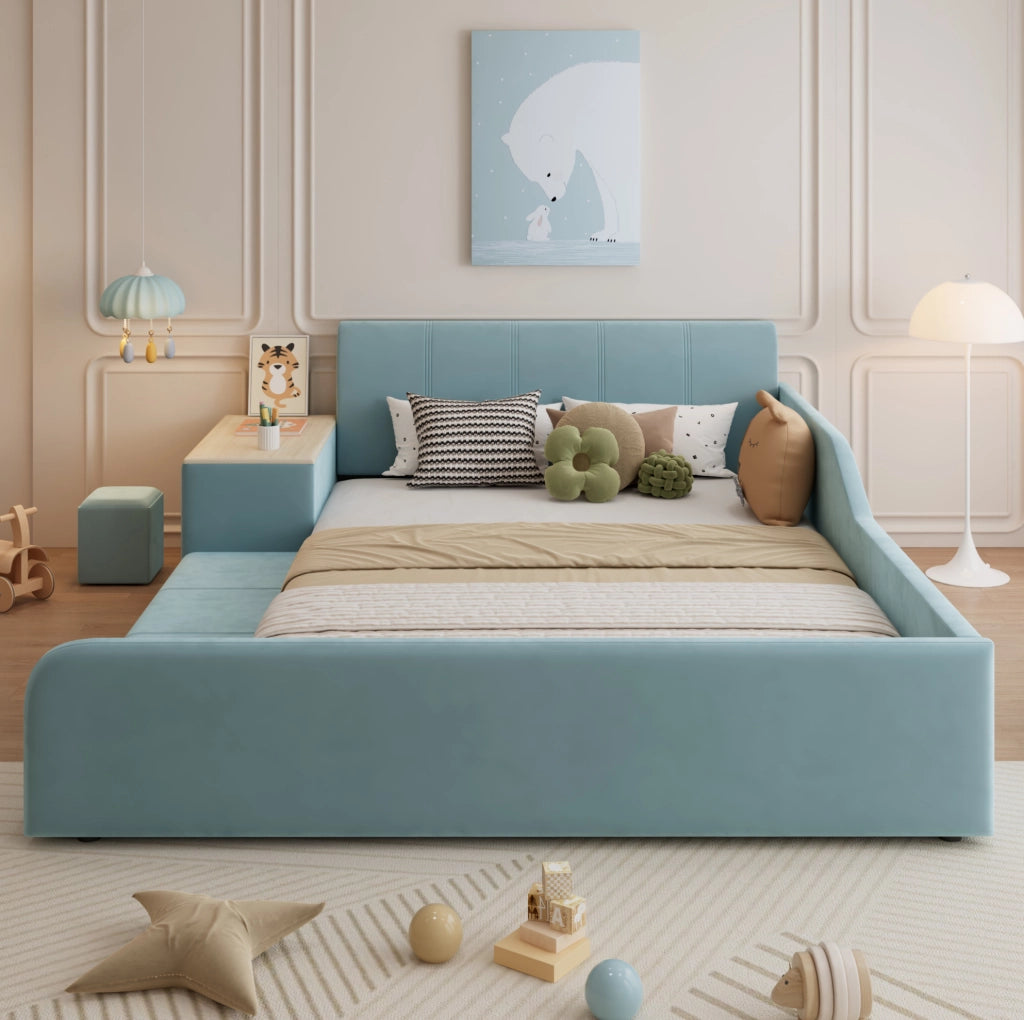 Letto imbottito singolo con scrivania laterale e sgabello 140x200 cm