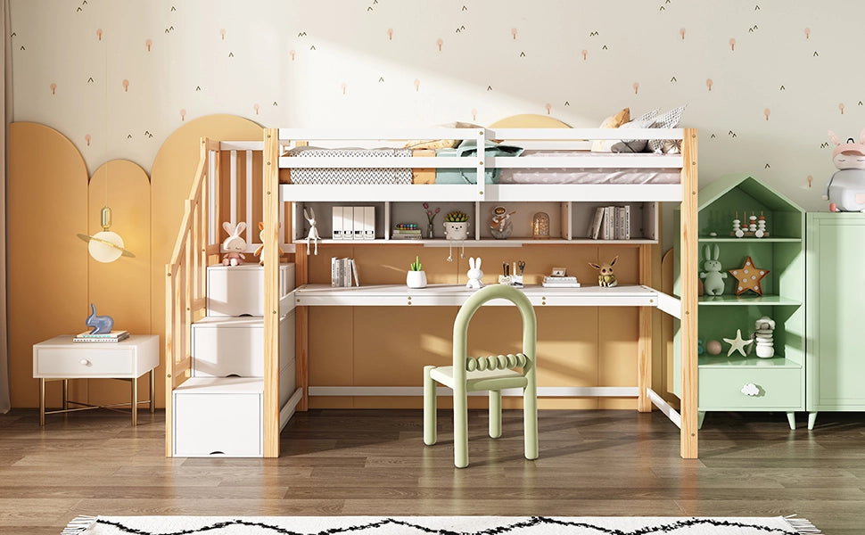 Letto a soppalco per bambini con scrivania integrata e scala contenitore, 90x200 cm, Bianco/Quercia