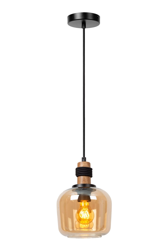 Lampada a sospensione ILONA vetro/legno nera Ø18 E27 Lucide