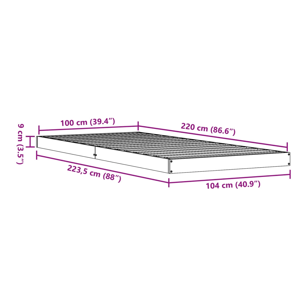 Struttura letto a pavimento  Bianca 100x220 cm in legno massello di pino