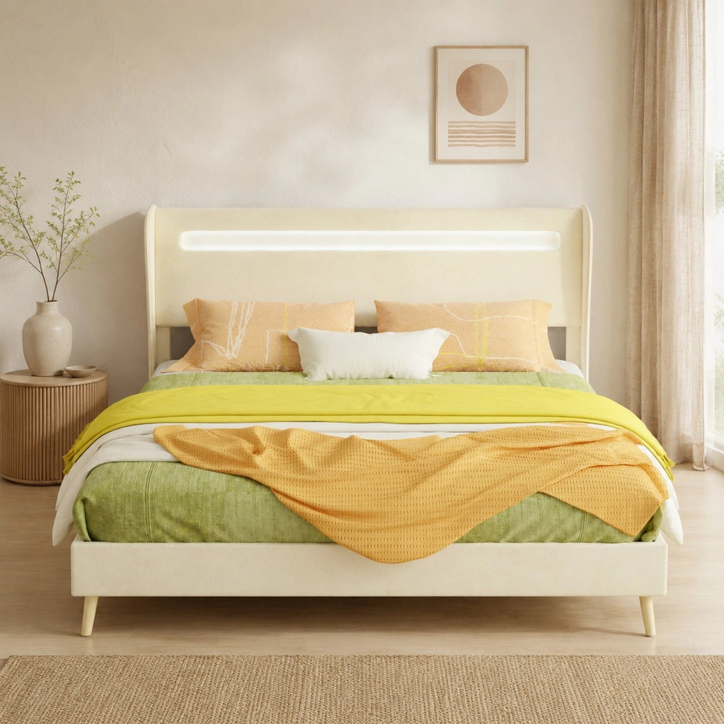 DESMIU Lit simple 160 × 200 cm con LED regolabile e schienale regolabile, senza materasso, in tessuto, beige