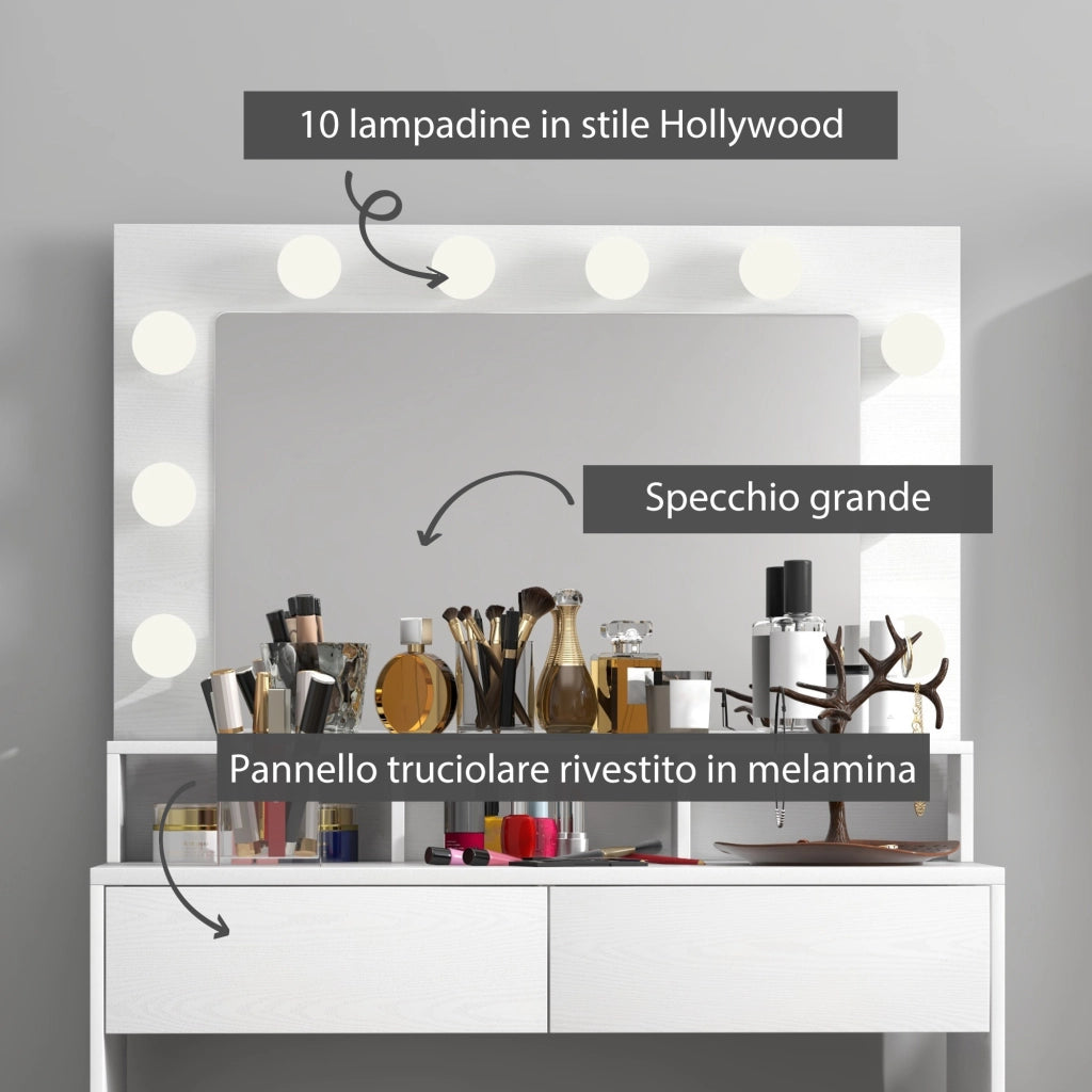 Consolle Trucco con Specchio e 10 Luci LED Stile Hollywood 80x40x135 cm in Melamina Bianco