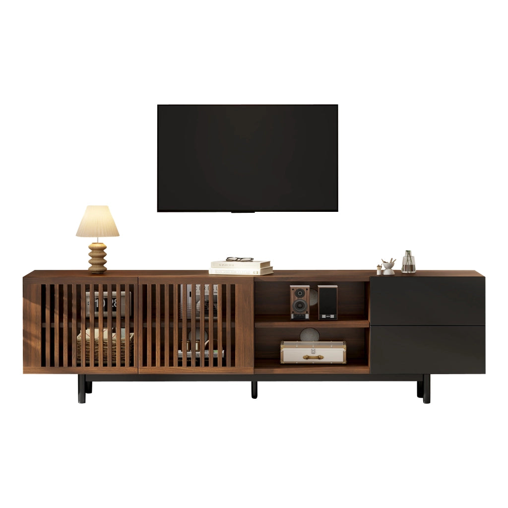 Mobile TV 160 cm con Ante a Doghe e 2 Cassetti; MDF; Noce e Nero