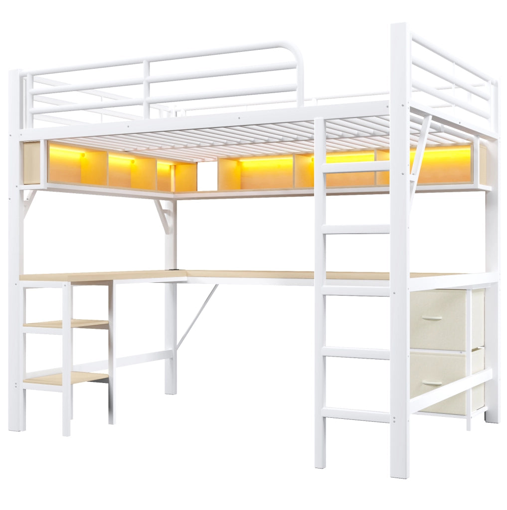 Letto a soppalco 140x200 cm con scrivania; ripiani; LED e cassetti; MDF e metallo; bianco