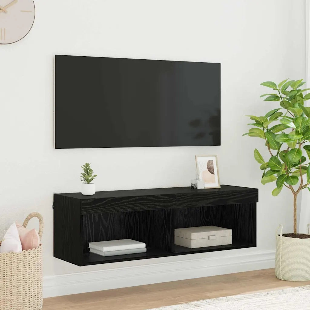 Mobile TV da parete con LED-Credenza per TV sospesa Rovere Nero 100 x 30 x 30 cm
