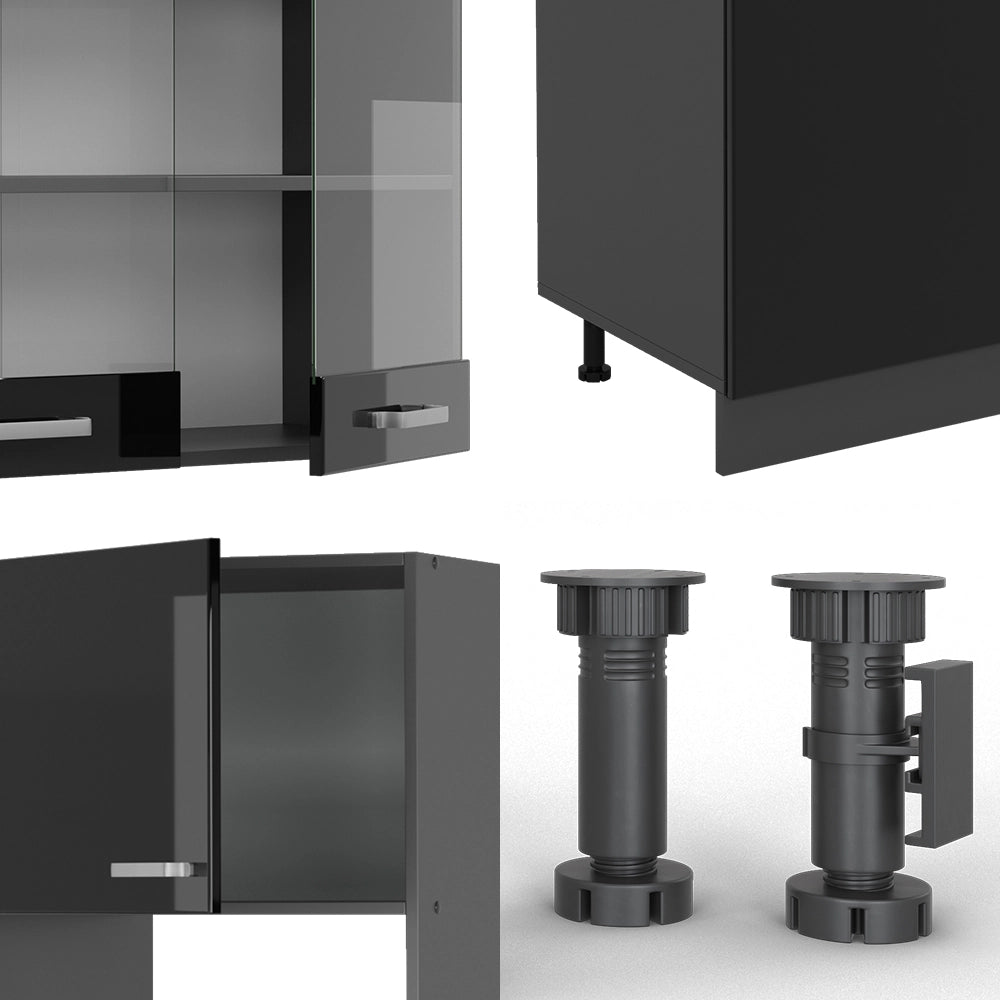 Vicco Cucina componibile Nero lucido/antracite 300 cm con armadio alto, PL Rovere