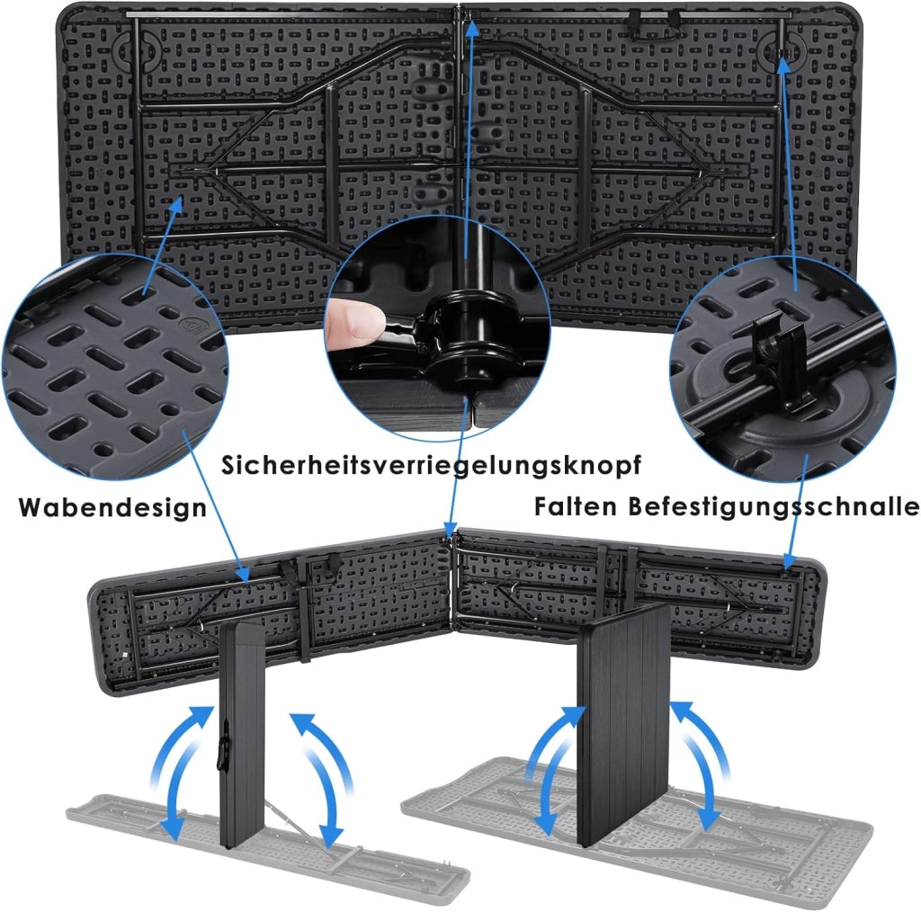 Set Tenda da Birra da 3 Pezzi 180cm, 1 Tavolo e 2 Panche Pieghevoli, Set di Mobili da Giardino in Plastica HDPE, Set Birreria con Manico di Trasporto, per Campeggio Picnic Esterno, Ottica in Legno