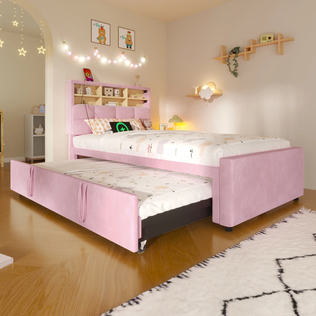 Letto singolo 90x200 cm rosa in velluto con letto estraibile per ospiti e prese USB
