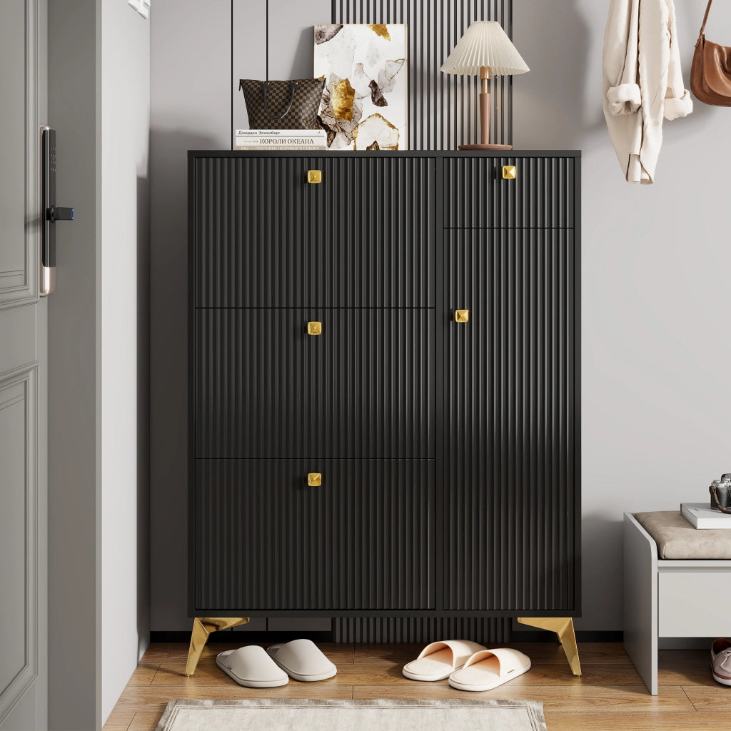 Scarpiera con 3 ante a ribalta 1 cassetto e 1 anta, superficie ondulata, maniglie in metallo, per ingresso, nero, 90 × 25 × 121 cm
