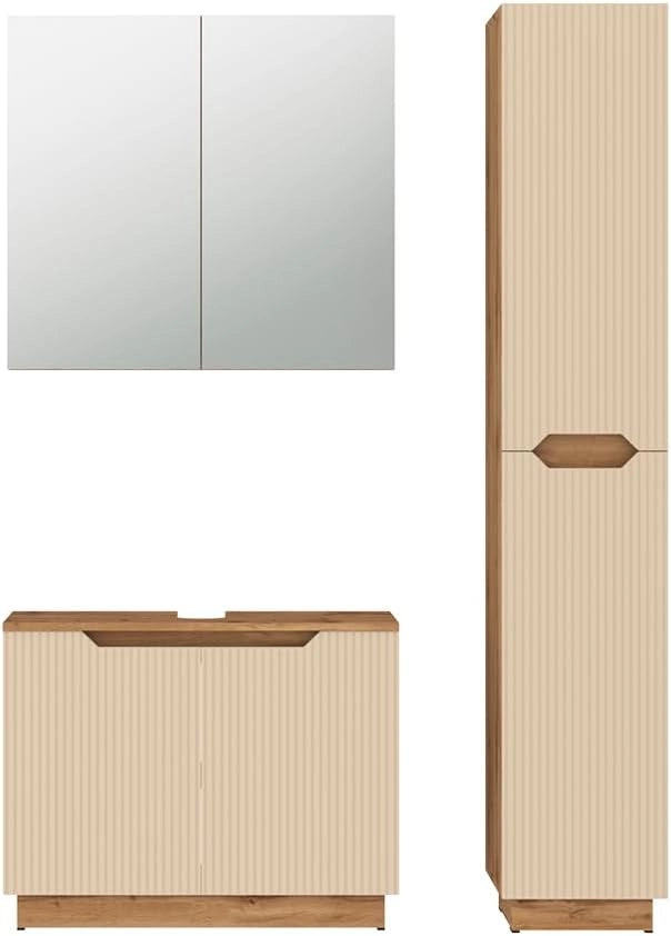 Set di mobili da bagno Lotta, Rovere/cashmere a righe, 3 parti