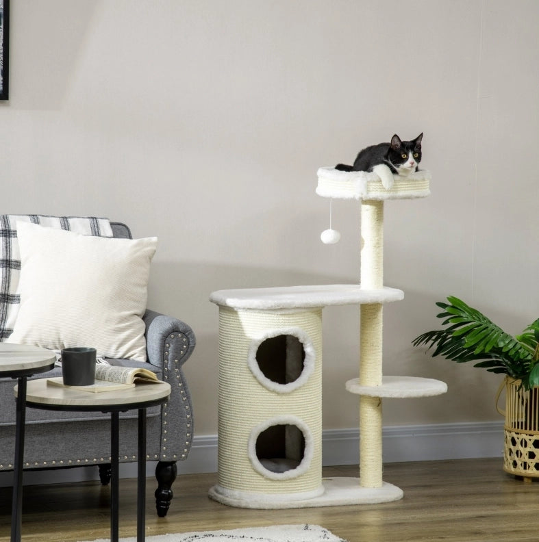 Tiragraffi per gatti con cuccia, gioco sospeso e sisal, 100 cm