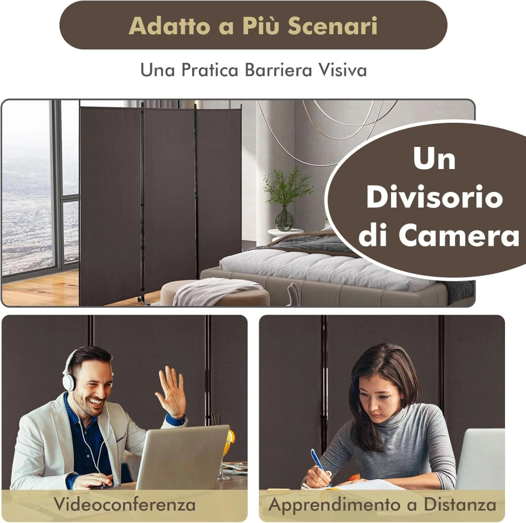 Paravento da Interno in Metallo, Separé Divisorio Interno Pieghevole con Piedini Stabili, Pannelli Divisori per Interni per Casa e Ufficio (Marrone, 262 x 180 cm (3 Pannelli con ruote))
