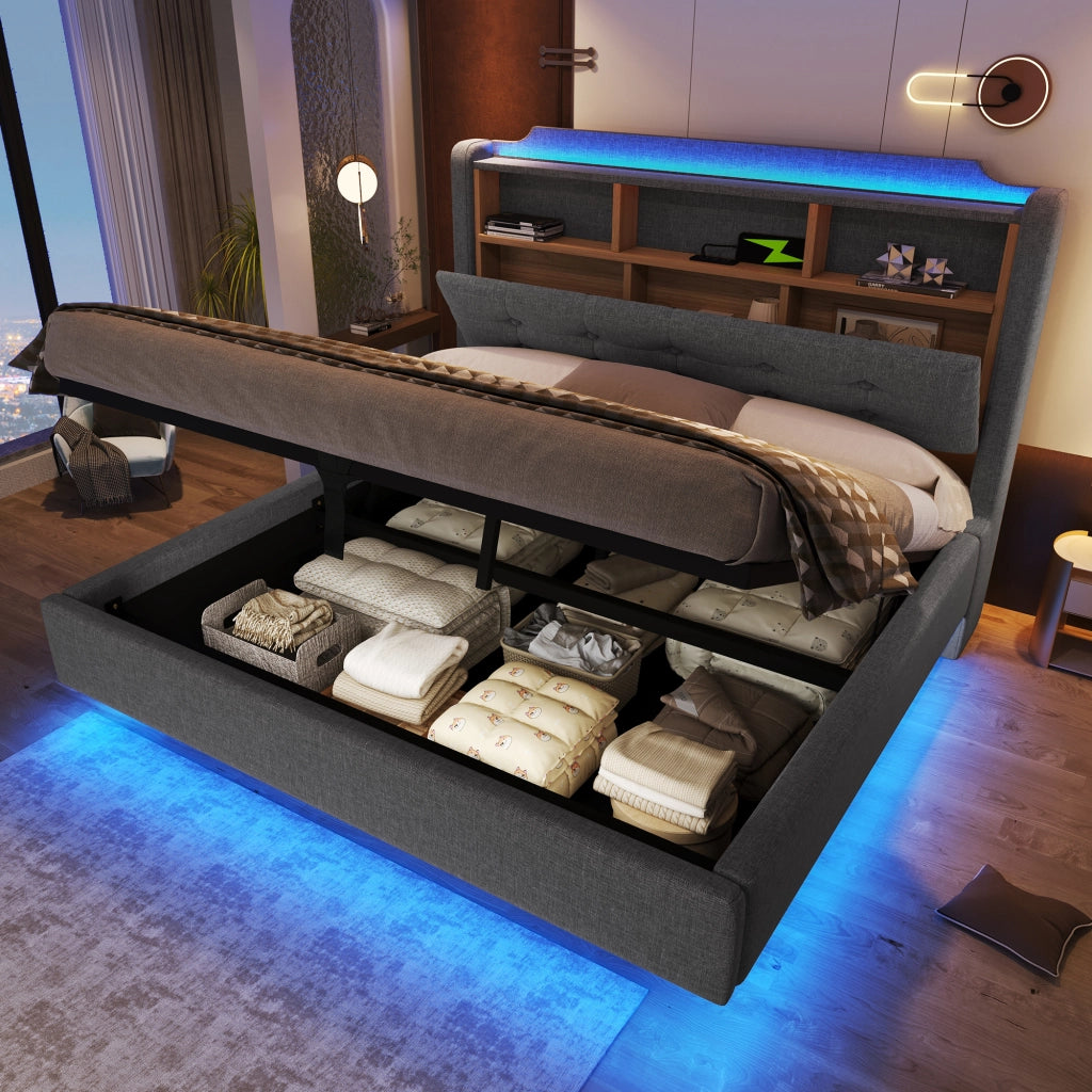 OKWISH Letto Contenitore 140×200 cm, Letto Matrimoniale con LED Regolabile, USB, Type C e Vani, senza Materasso, in Lino, Grigio