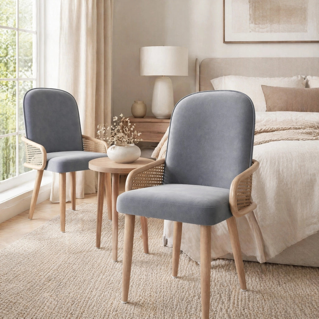 Set di 2 sedie da pranzo in velluto grigio con design Rattan e gambe in metallo effetto legno