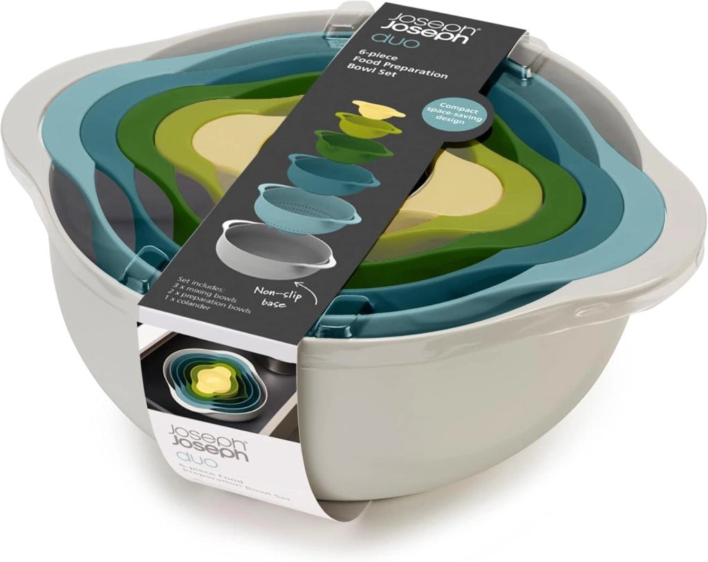 Joseph Joseph Duo Ciotole di Miscelazione per Cucina, Set di 6 pezzi impilabile, Insalatiera, Preparazione Dolci, Multicolore