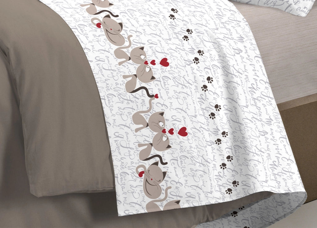 Completo Lenzuola Linea Pensieri Delicati 100% Cotone Disegno Gattini - Matrimoniale - Beige