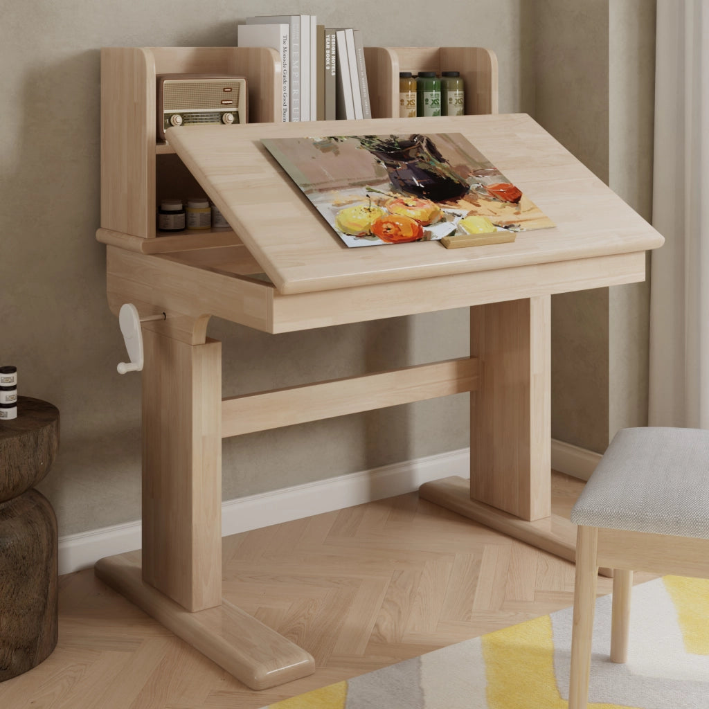 Scrivania con altezza regolabile; piano inclinabile e vani aperti - in legno - 92.2x60x89 cm - naturale