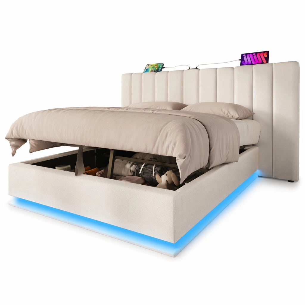 Letto matrimoniale contenitore 180x200 cm in PU bianco con LED 360掳; USB e tipo C