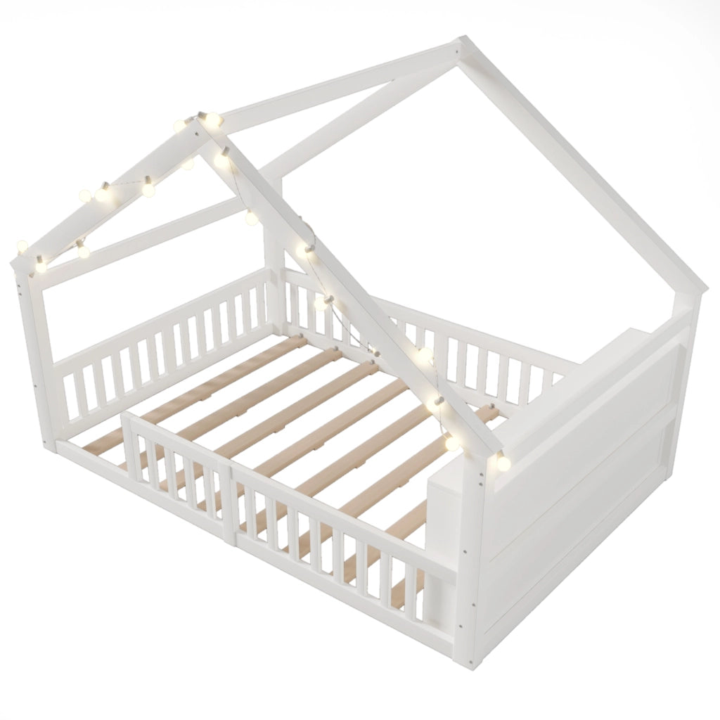 Letto per bambini 140×190 cm con sponde e ripiani laterali; senza materasso; legno; bianco