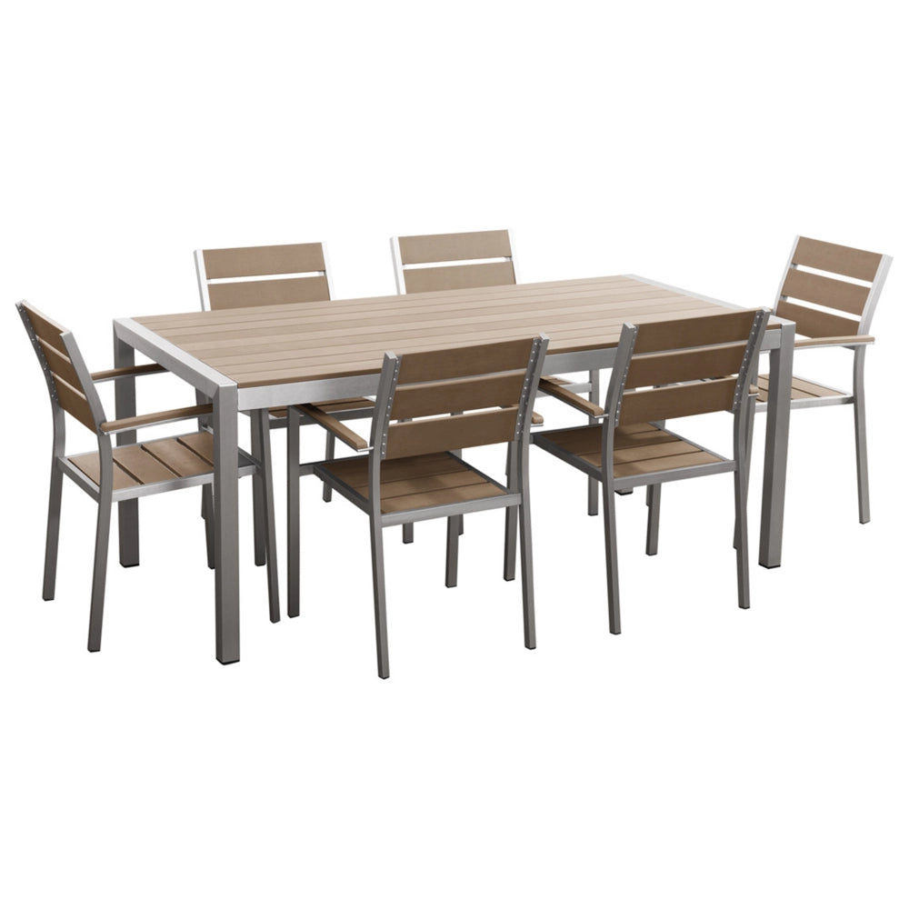 Set da Giardino 6 Sedie Tavolo Rettangolare Marroni in Legno e Alluminio Anodizzato