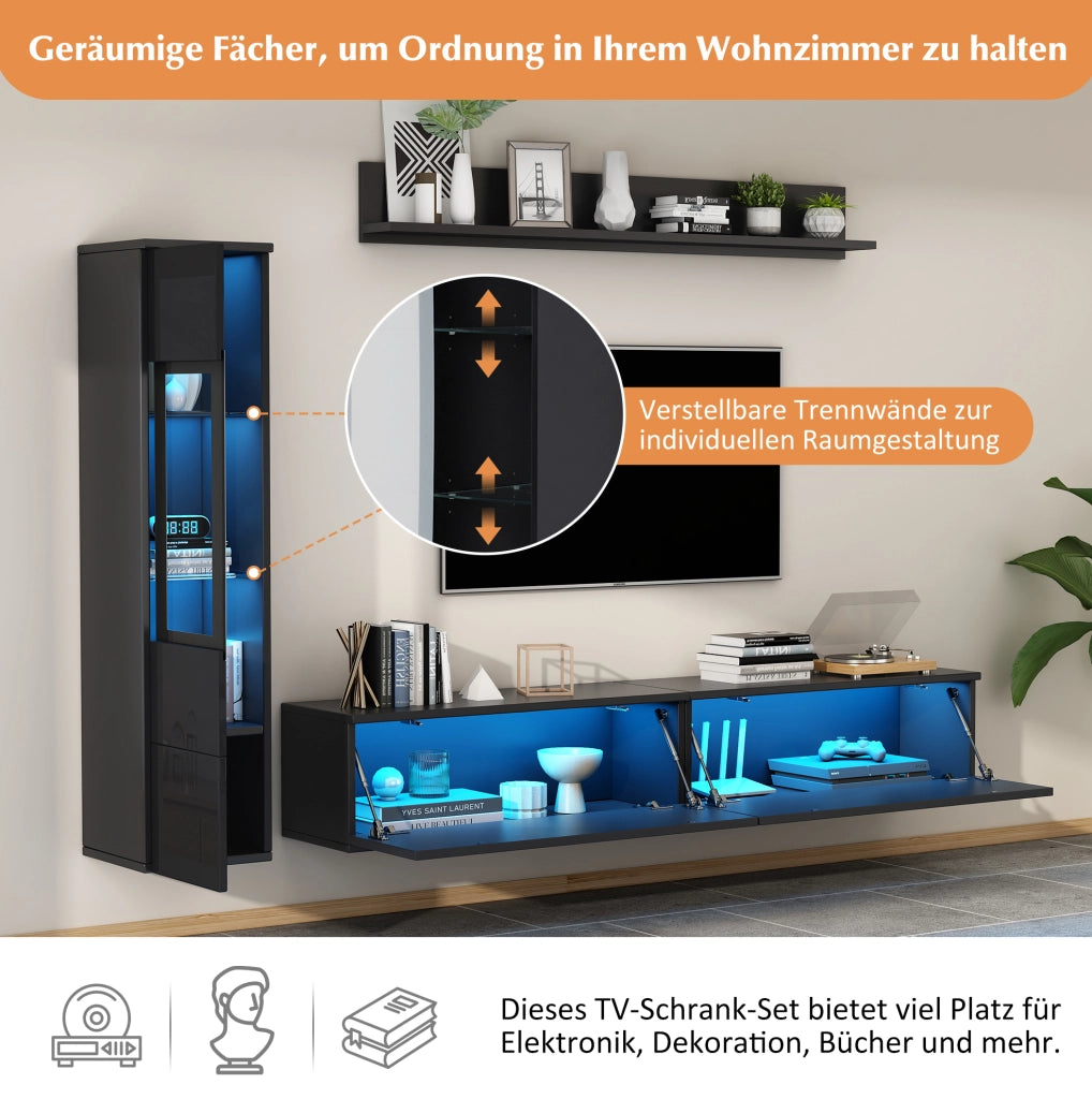 Set parete sospeso a 3 pezzi con illuminazione LED, nero lucido