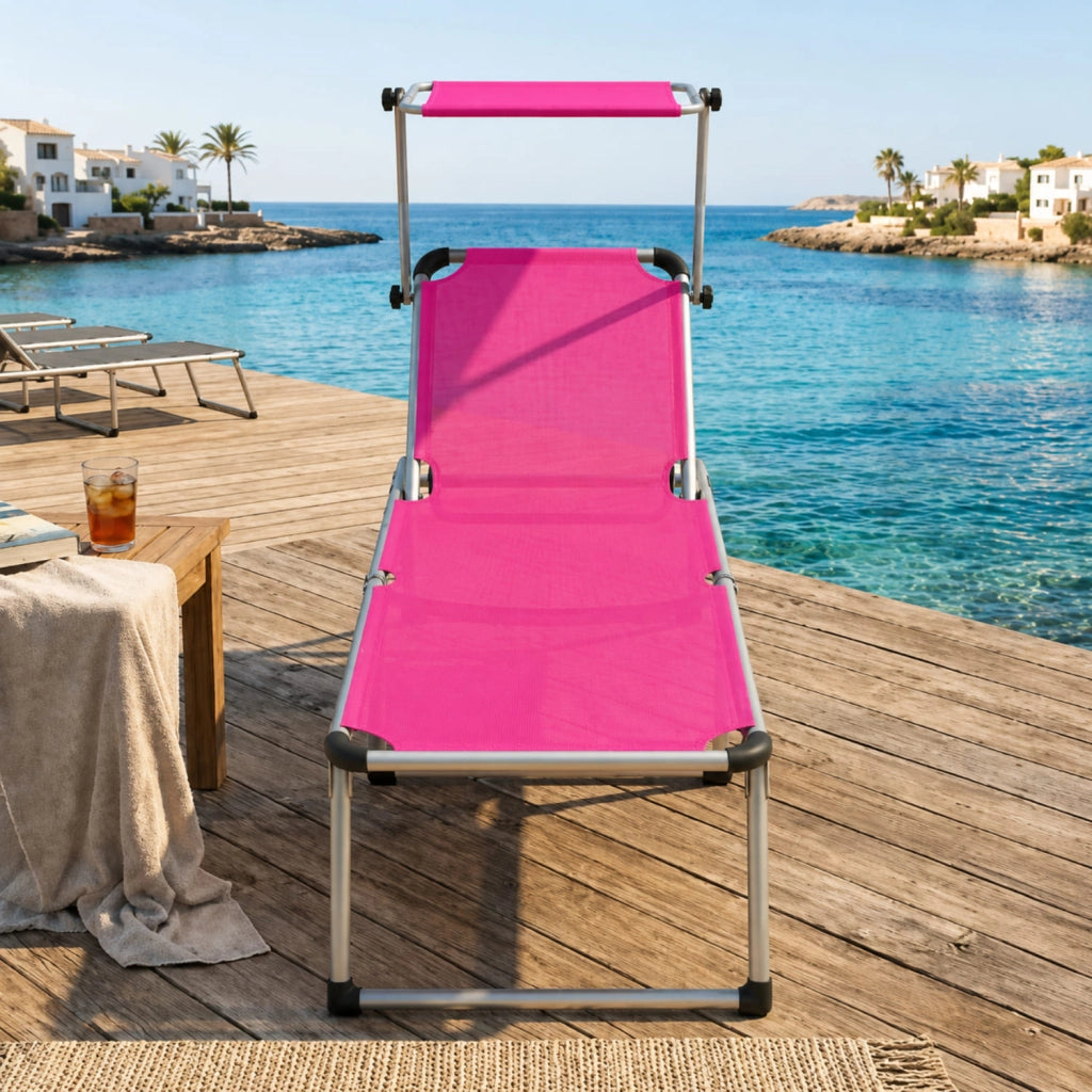 Lettino Pieghevole Prendisole Con Tettuccio Parasole Schienale Reclinabile Regolabile In 6 Posizioni Struttura In Alluminio Leggera Sedia Sdraio Per Spiaggia Mare Giardino Piscina 187 X 59 X 29 Cm Rosa