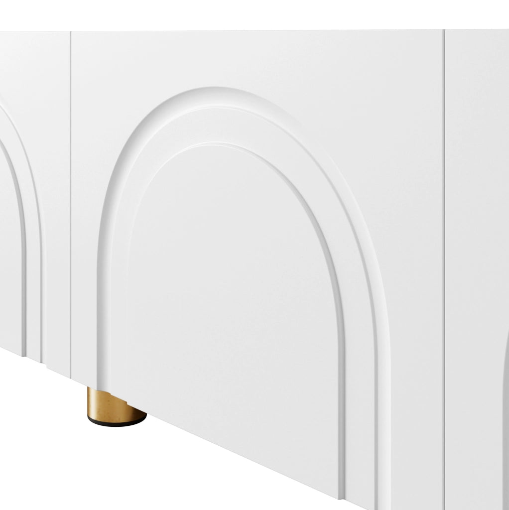 Mobile TV 180x35x40 cm con 4 ante e rilievo ad arco; MDF e pannello truciolare bianco