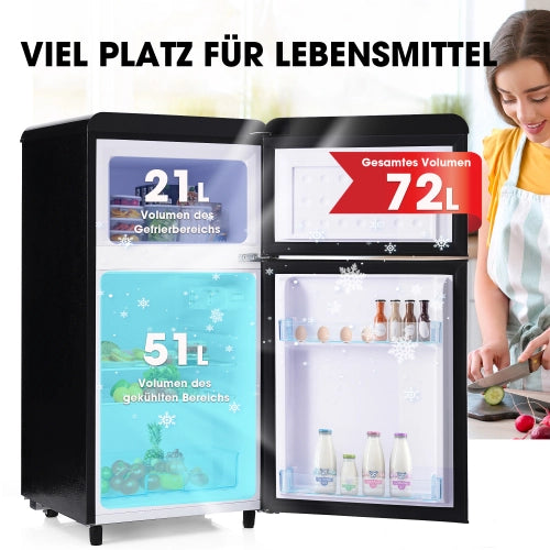 Frigorifero retrò; frigorifero a doppia porte; volume totale 72L; compartimento congelatore 21L; luce LED; efficiente energetico; nero
