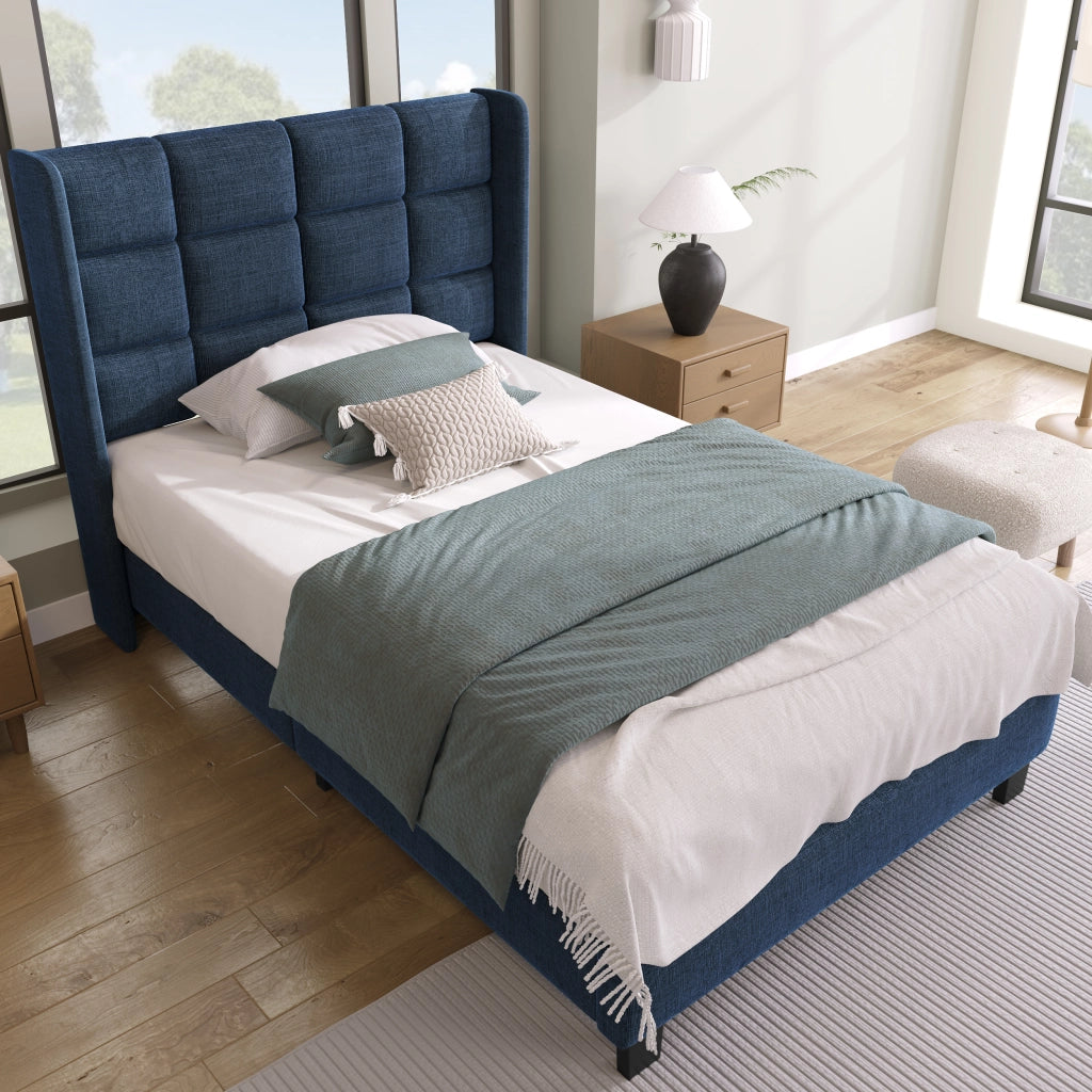 Letto singolo design – 90x200 cm – testiera imbottita rete – lino blu
