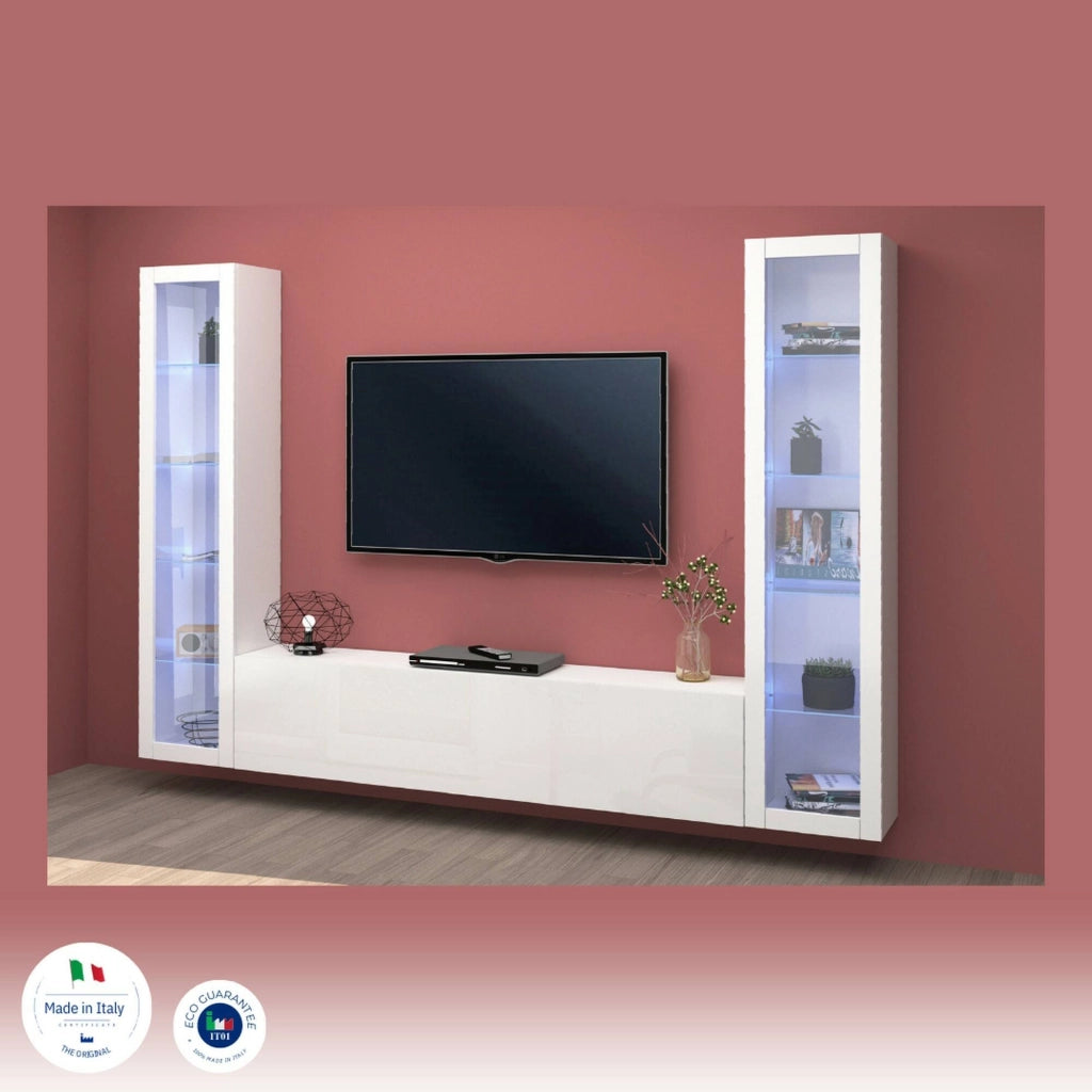 Mobile Soggiorno Leda, Parete Attrezzata 9 Ripiani Made in Italy, 260x30x180h cm Bianco Lucido