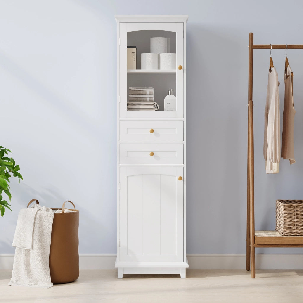 Armadietto da bagno con porta in vetro, 2 cassetti e ripiani regolabili, in MDF e vetro, bianco 45 × 36 × 160 cm