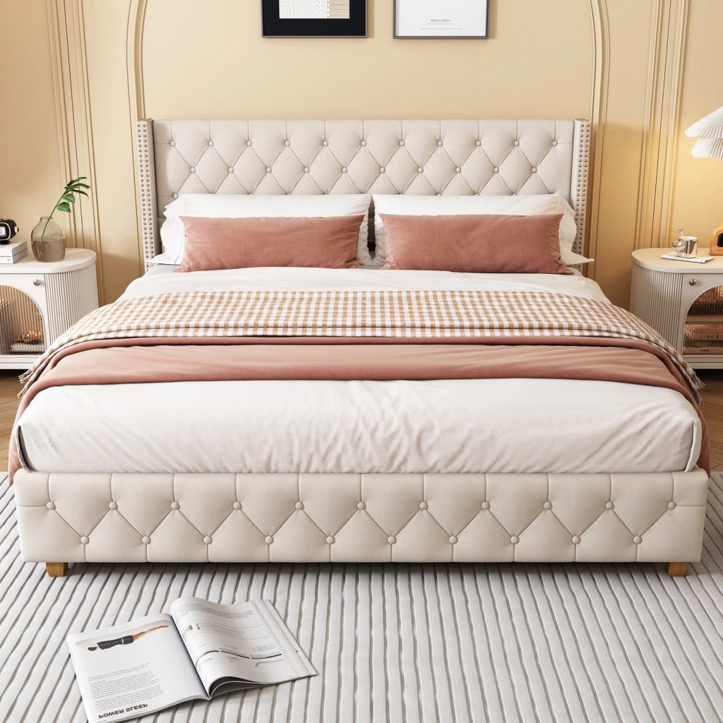 Letto imbottito in lino Beige 180x200 cm con testiera e rete a 12 doghe