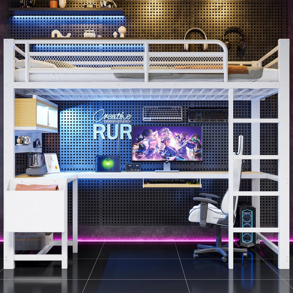 Letto a Soppalco 90x200 cm con Scrivania; LED; USB e Mensola; Bianco in MDF e Metallo