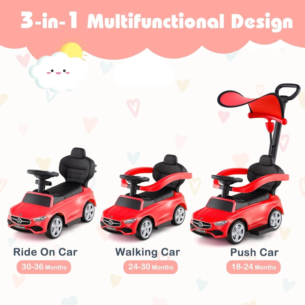 Macchina Cavalcabile per Bambini con Licenza Mercedes-Benz 3 in 1, Capote Regolabile, Guida Realistica con Volante e Clacson, Capacità di Carico 25 KG, per Bambine e Bambini 1-3 Anni (Rosso)