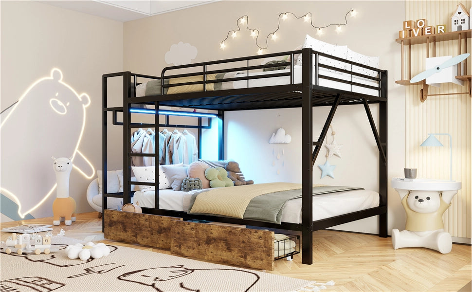 Letto a castello 140 × 200 cm con struttura in metallo e MDF nero due cassetti ripiani luce LED e stendino