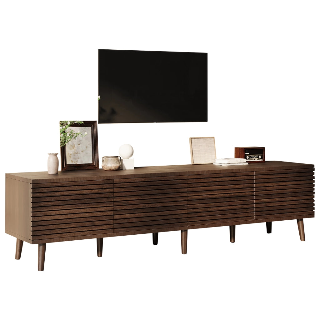 Mobile TV 180x40x46 cm per TV fino a 75 pollici, 4 ante a griglia, 6 vani interni, colore noce, MDF e truciolare