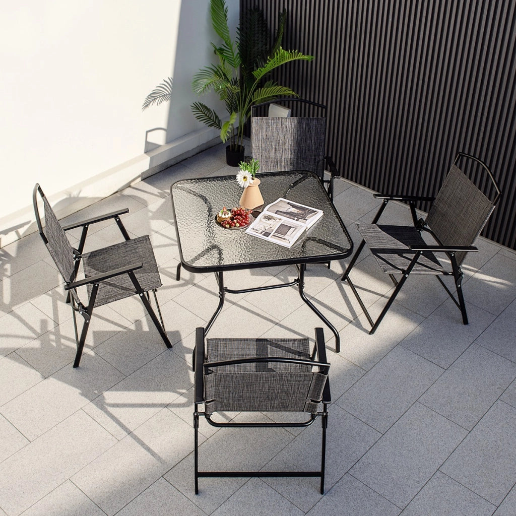 Set da pranzo per giardino per 4 persone, Set di sedie pieghevoli e tavolo da pranzo con foro ombrellone Grigio-Set mobili da esterno