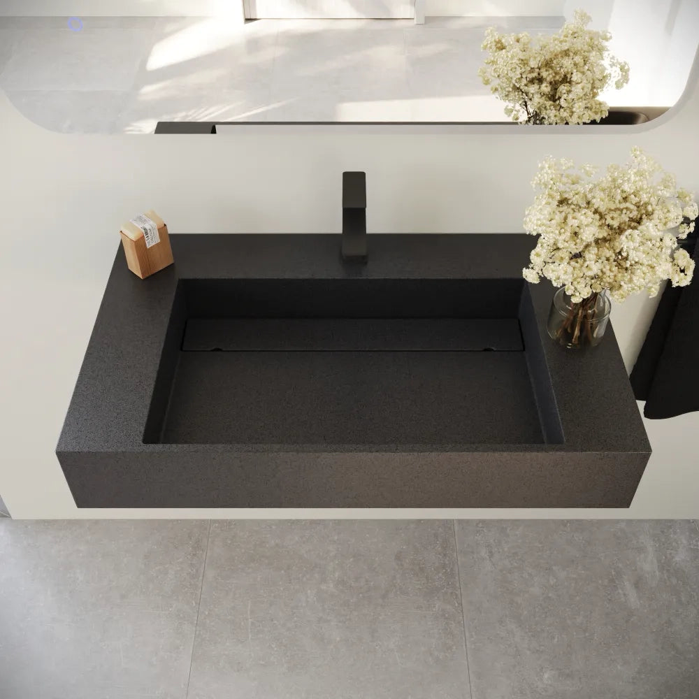 Lavabo sospeso a muro rettangolare 90x48x13 cm cm in microcemento nero | Tasman