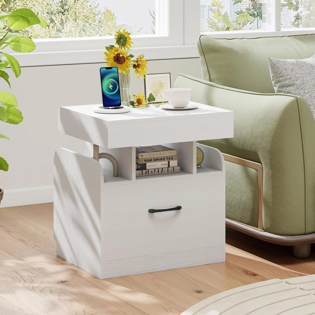 Comodino con Stazione di Ricarica, Comodino Moderno con 2 Cassetti Portaoggetti e 3 Scomparti Aperti, Piccolo Tavolino da Salotto, Camera da Letto e Dormitorio, Nero/Bianco (Bianco)