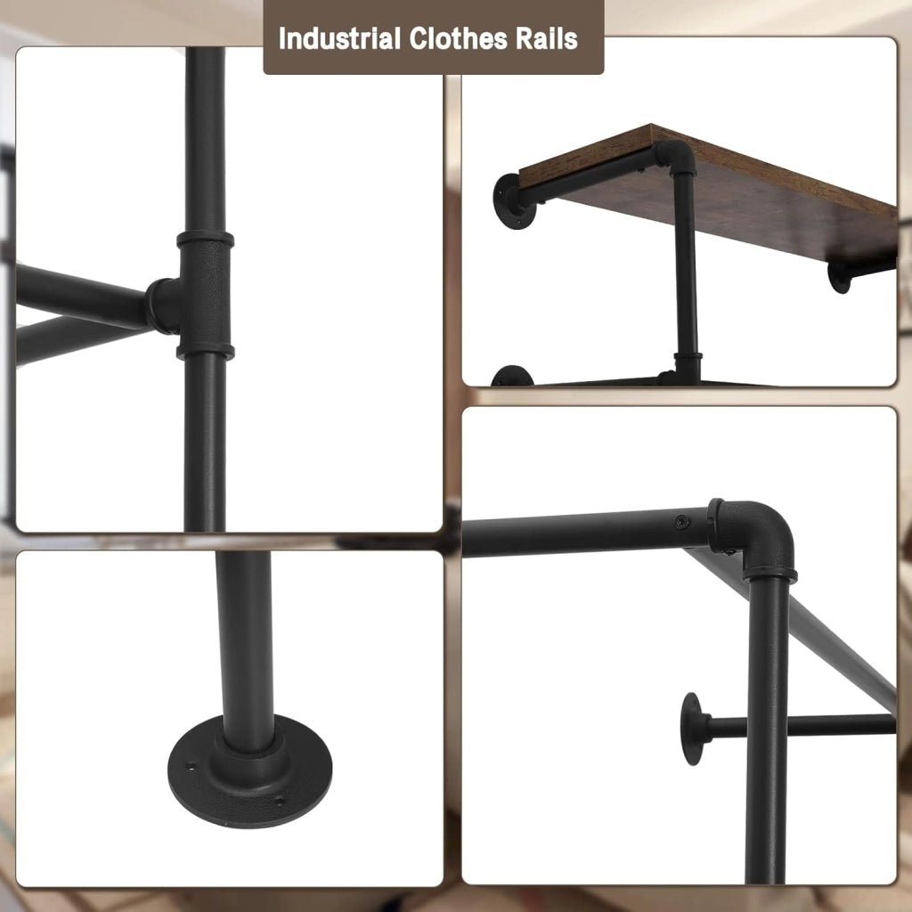 Appendiabiti Industriale, Guardaroba Aperto da Parete con Ripiano in Legno, Cabina Armadio Componibile in Tubi d’Acciaio, Nero + Marrone Vintage