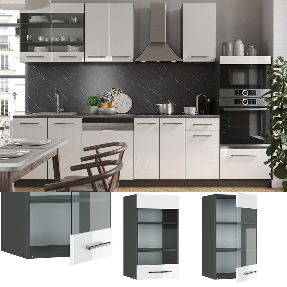 Mobile da cucina in vetro Fame-Line Bianco lucido/Antracite 40 cm Vicco